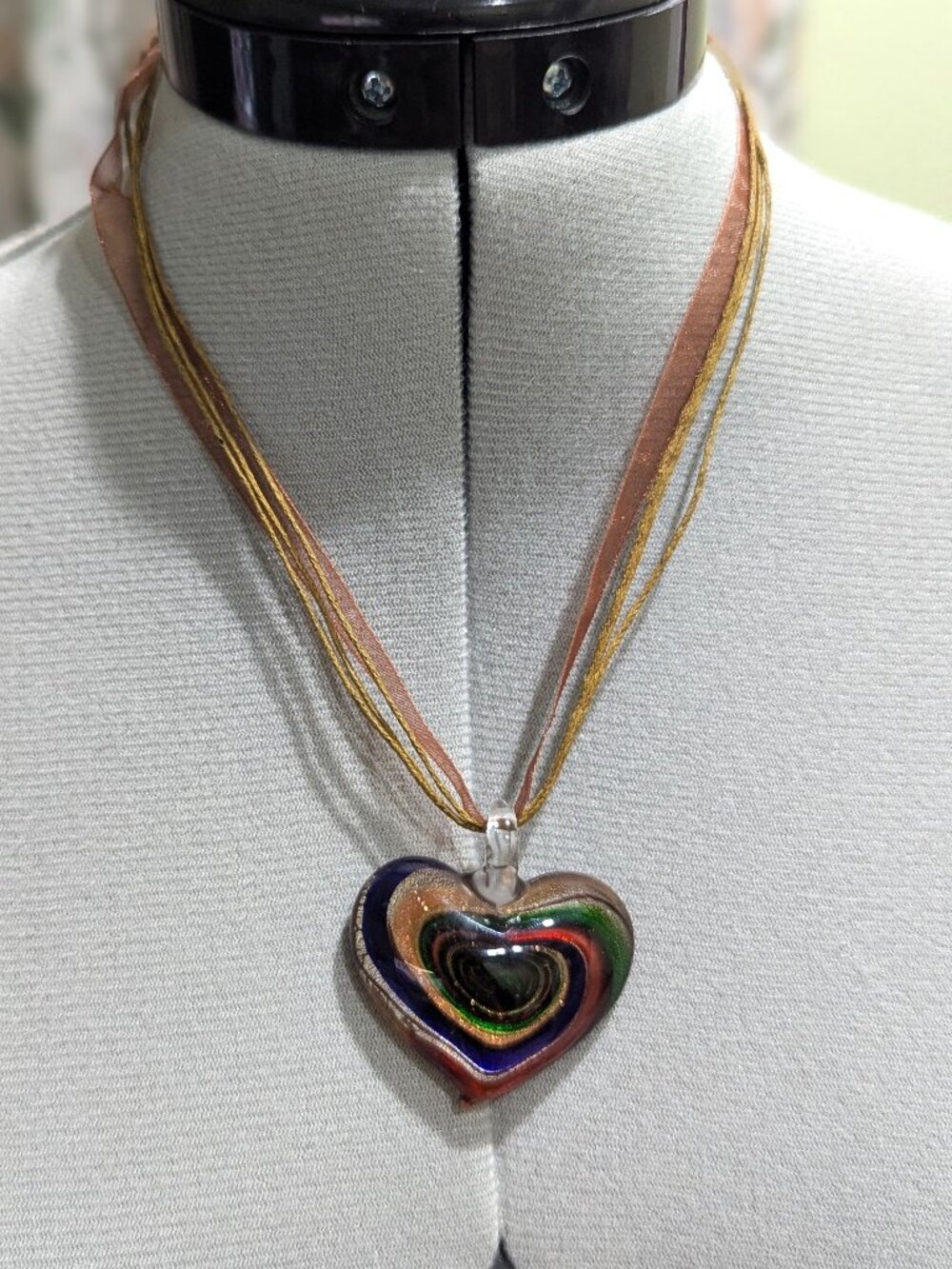 Murano Style Dichroic Rainbow Art Glass Heart Pendant Necklace